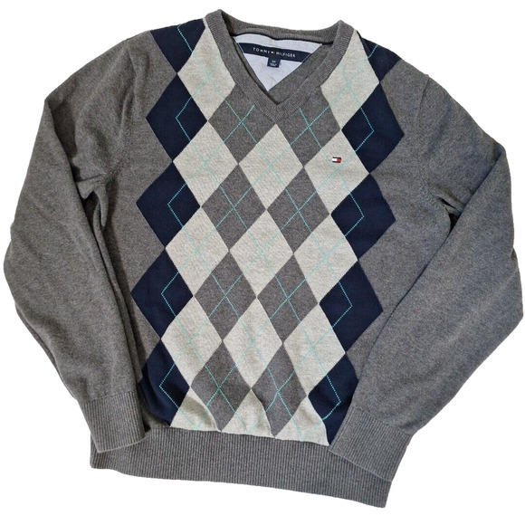 Tommy Hilfiger Preppy Gray Blue Argyle V Neck Sweater Women Size Small Cotton - Picture 1 of 7